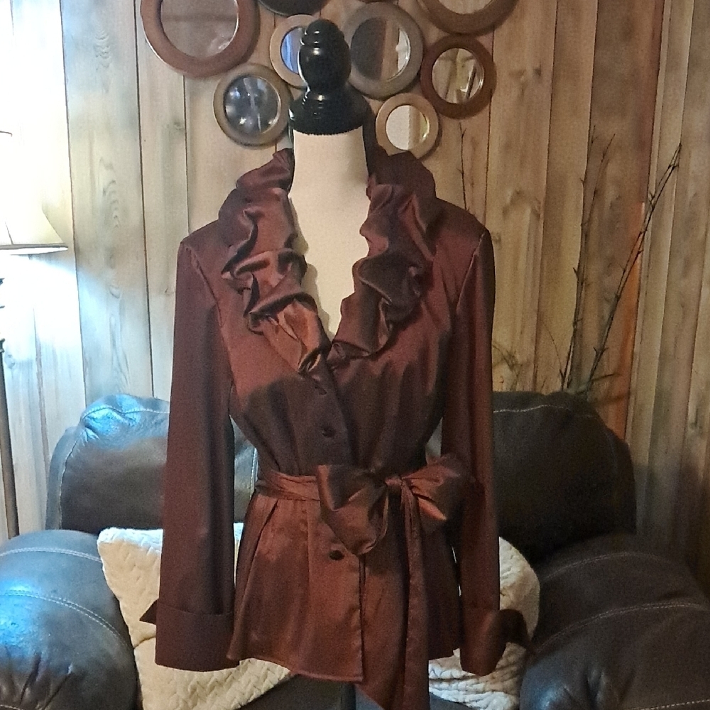 Adrianna Papell Evening Burgundy Ruffled Jacket Satiny Elegant Black Tie